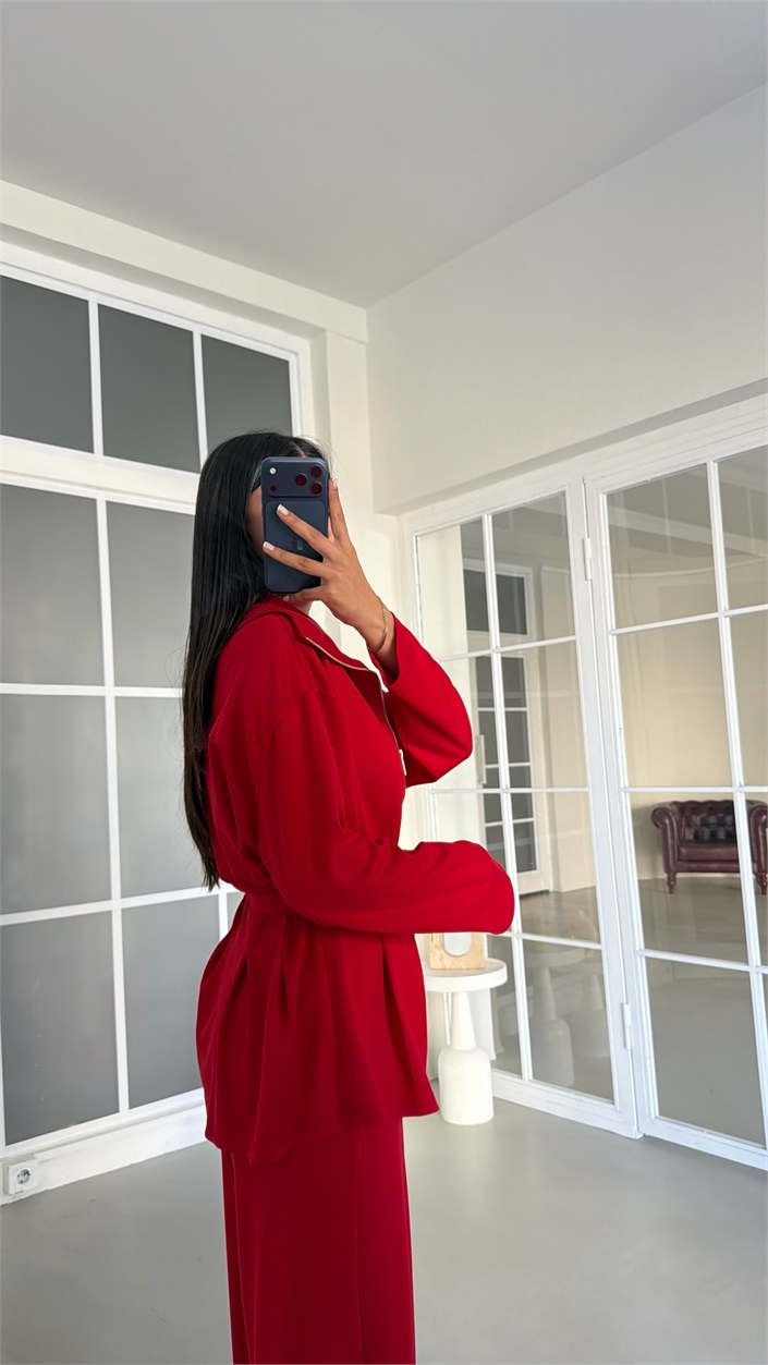 Kırmızı Kemer Detaylı Hırka Beli Lastikli Pantolon İkili Modal Takım GAUS-02053