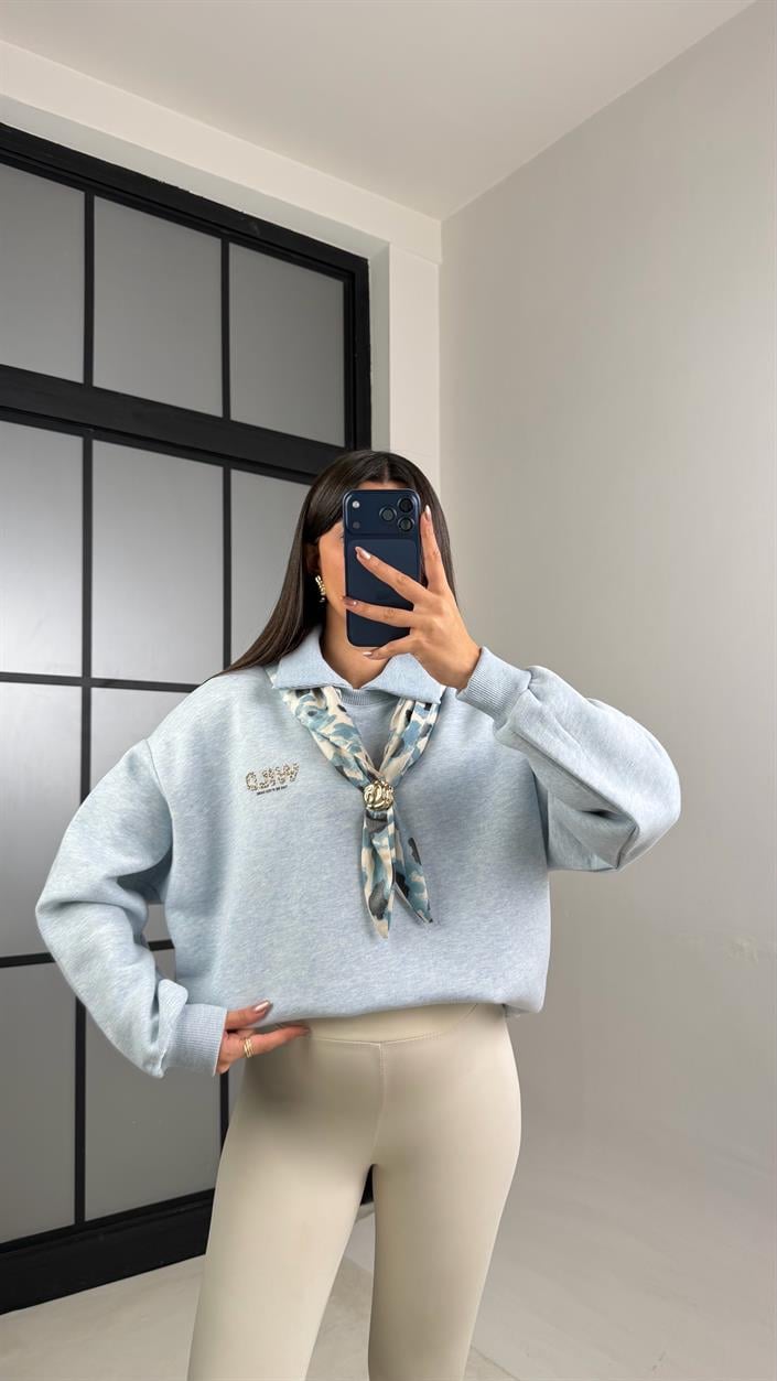 Açık Mavi Şardonlu Fular Detaylı Sweatshirt GAUS-01078