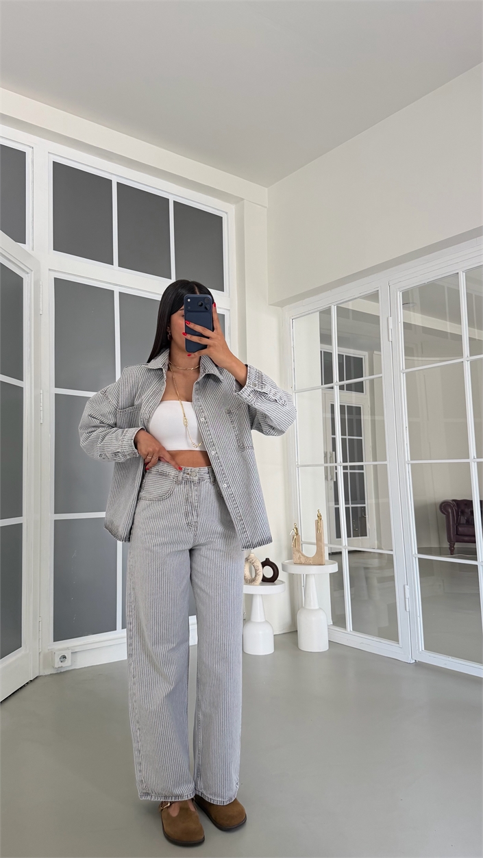 Gri Çizgi Detaylı Gömlek Pantolon İkili Denim Takım GAUS-01882