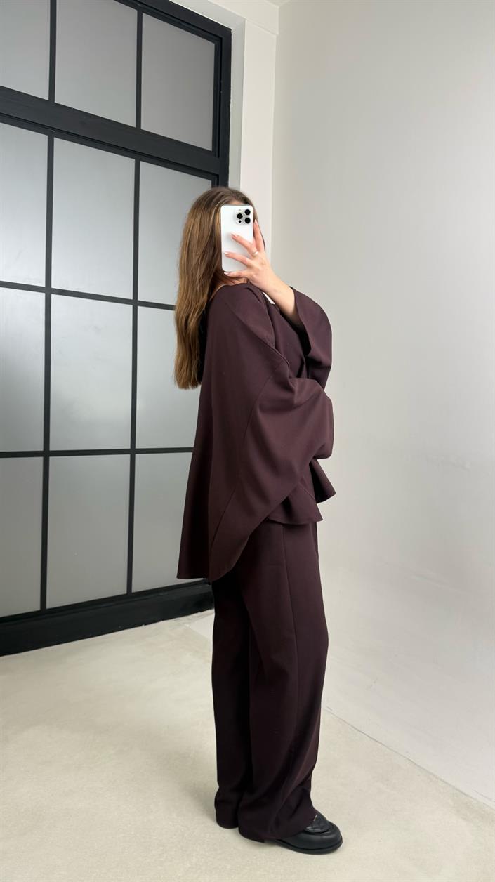 Mürdüm Kemerli Pelerinli Panço Beli Lastikli Pantolon Premium Takım GAUS-00989