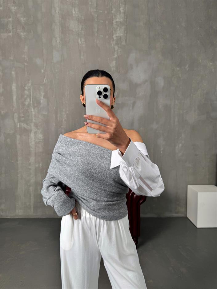 Jarse Gri Kayık Yaka Gömlek Detaylı Triko Bluz