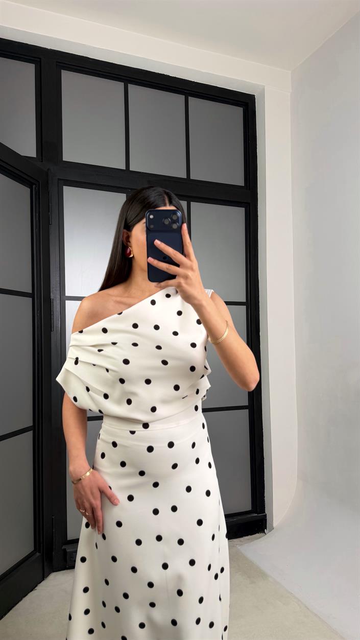 Ekru Kayık Yaka Puantiyeli Elbise PNY07 GAUS-01327