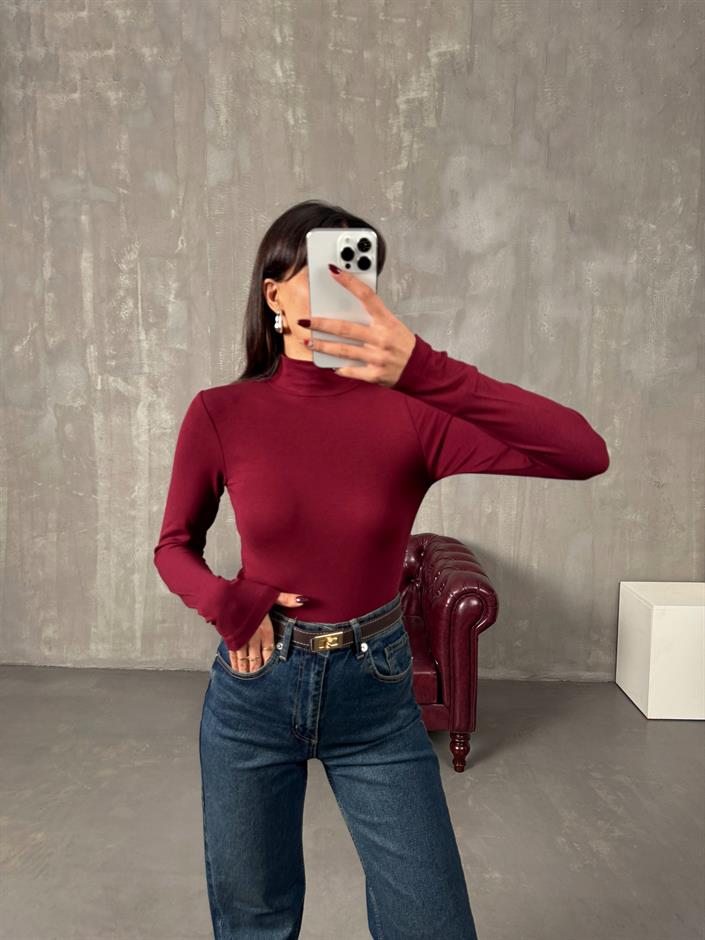 Javed Bordo Yarım Balıkçı Yaka Oys Bluz