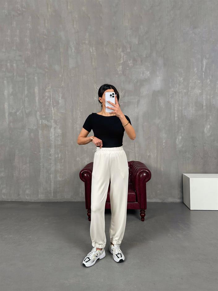 İsolde Ekru Paça Lastikli Premium Modal Kumaş Pantolon