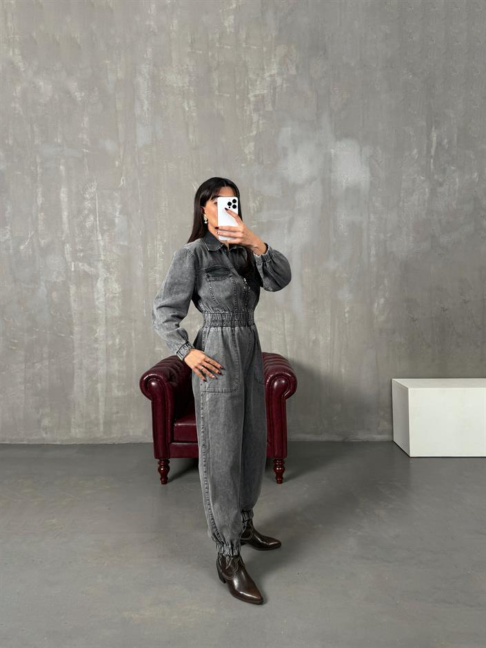 Setre Gri Yıkamalı Önden Fermuarlı Denim Tulum