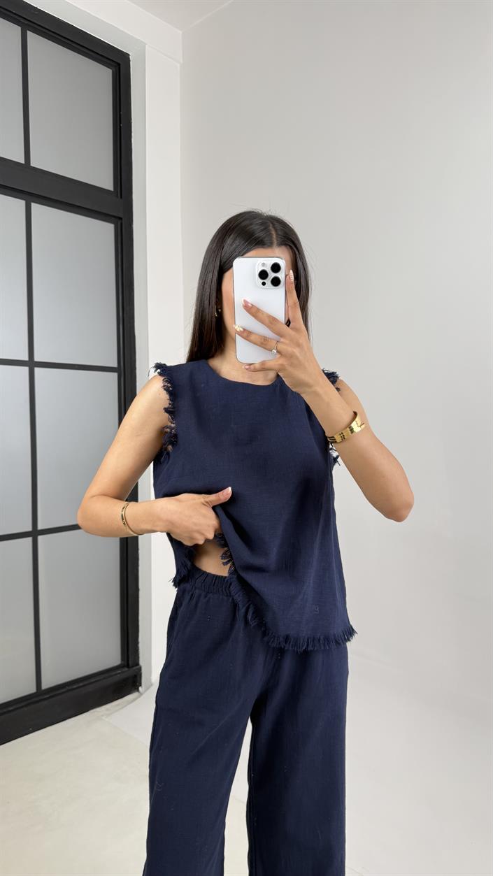 Lacivert Püskül Detaylı Bluz Beli Lastikli Cepli Pantolon Keten Takım Gaus00646 