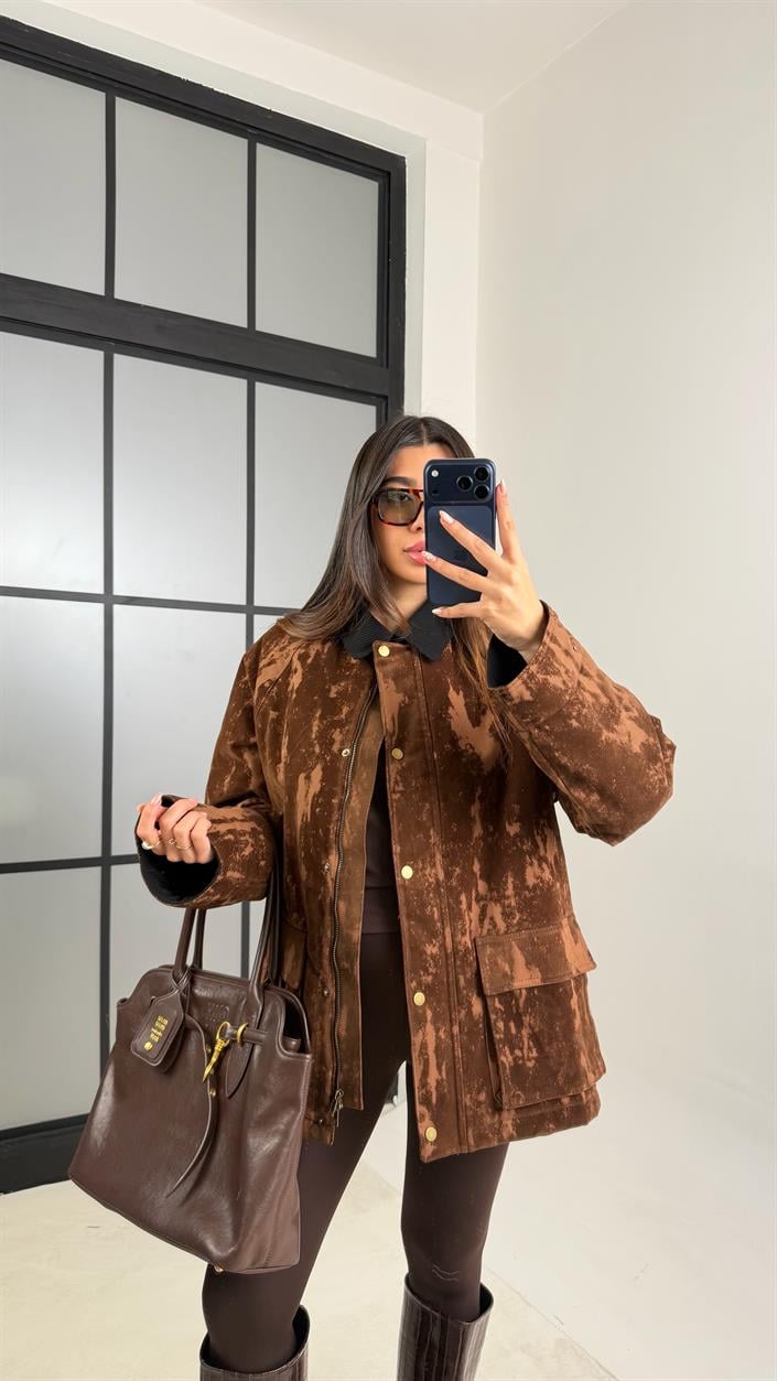 Kahve Kadife Yakalı Efektli Premium Mont GAUS-00791