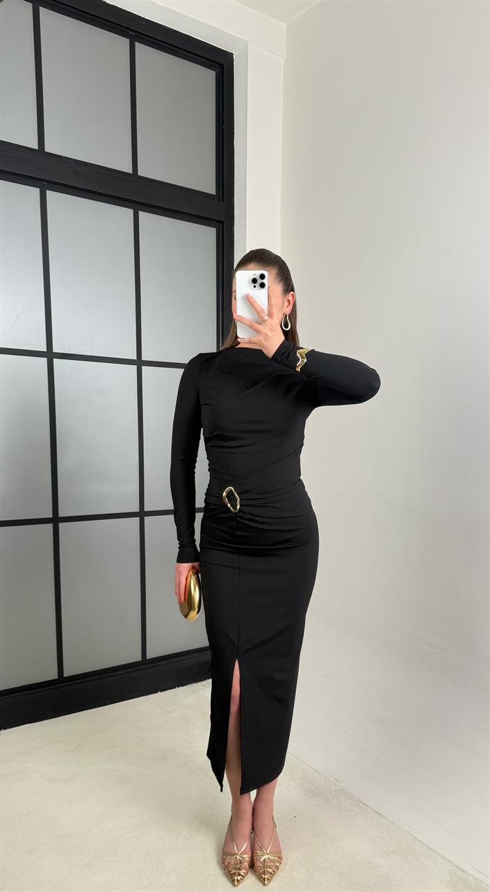 Siyah Gold Toka Detaylı Yırtmaçlı Elbise GAUS-00786