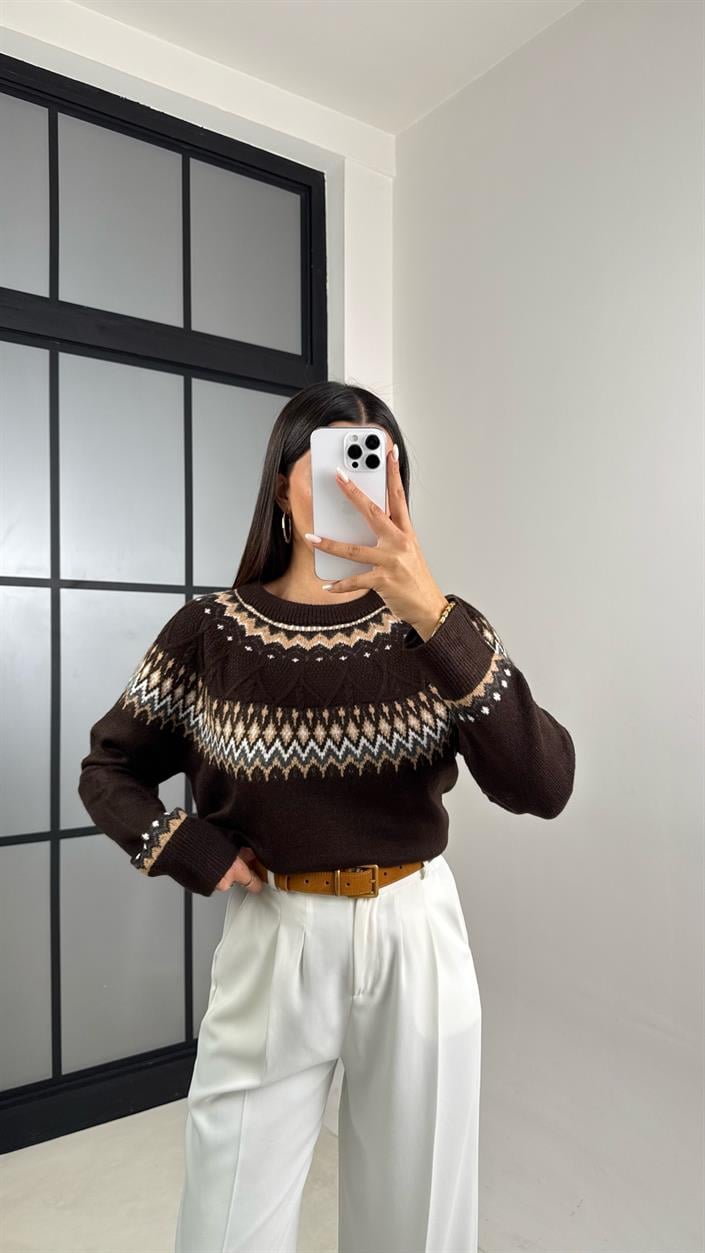 Acı Kahve Desenli Vintage Triko Kazak GAUS-00494