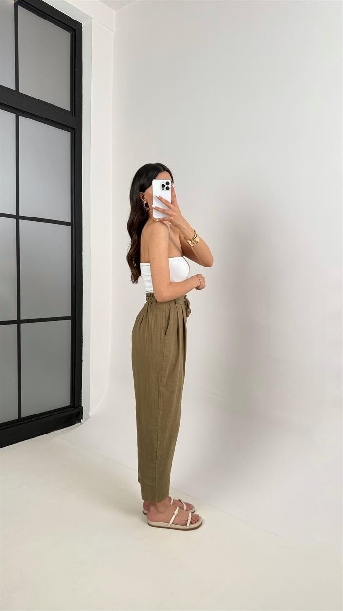 Haki Cepli Kuşaklı Balon Keten Pantolon Gaus00383