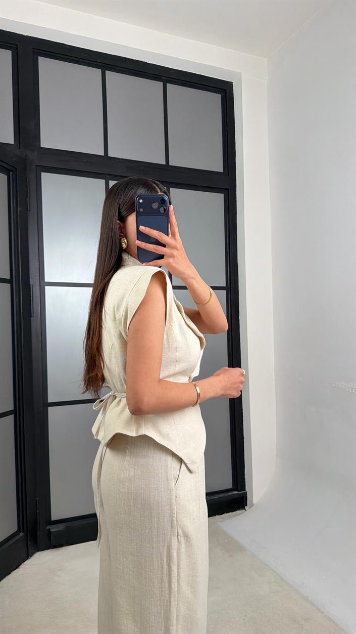 Taş Kuşaklı Yelek Pantolon İkili Keten Takım GAUS-01447