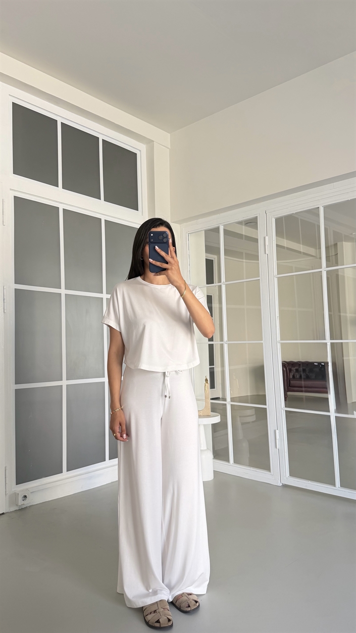 Beyaz Bluz Beli Lastikli Pantolon İkili Basic Takım GAUS-01712
