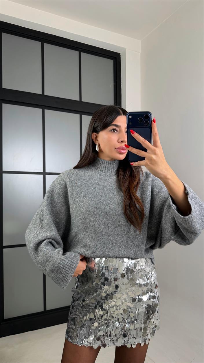 Gri Balıkçı Yaka Yarasa Kol Triko Kazak GAUS-00928