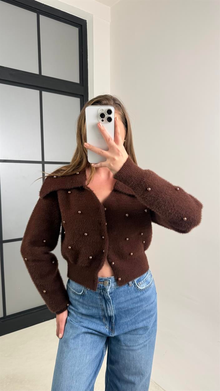 Kahve Boncuk İşlemeli Yakalı Hırka GAUS-00765