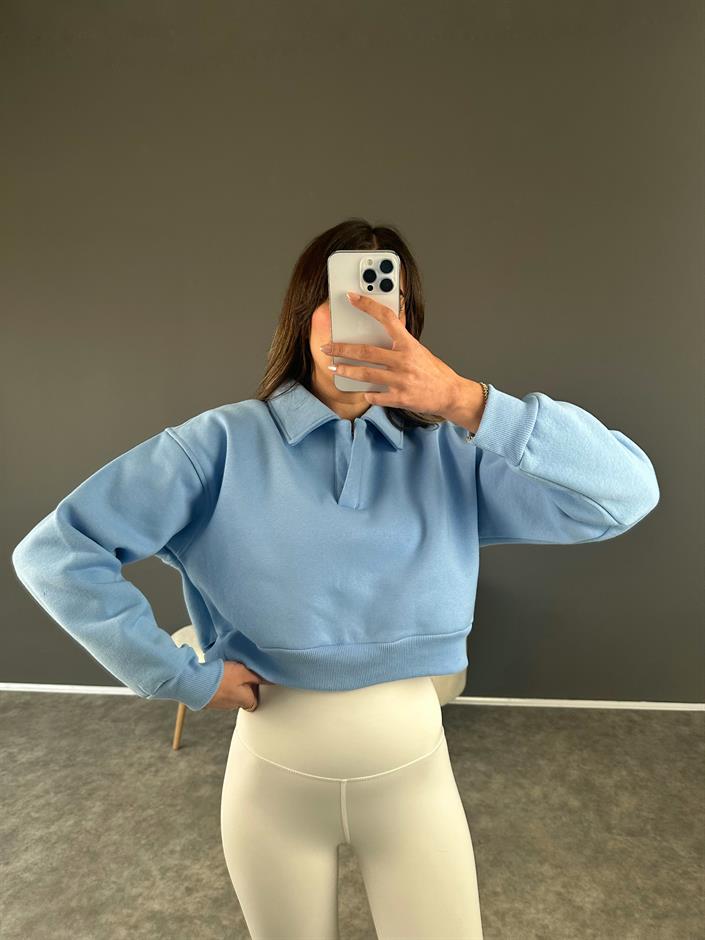 Mavi Polo Yaka Şardonlu Crop Sweatshirt