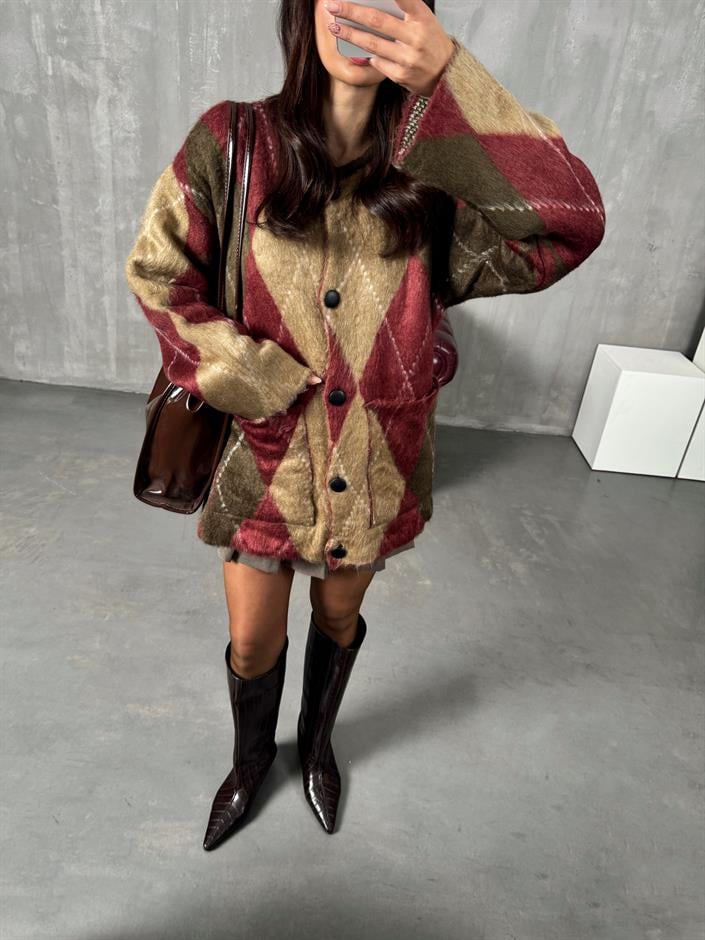 Soov Bordo Vizon Karışımlı Sakallı Baklava Hırka