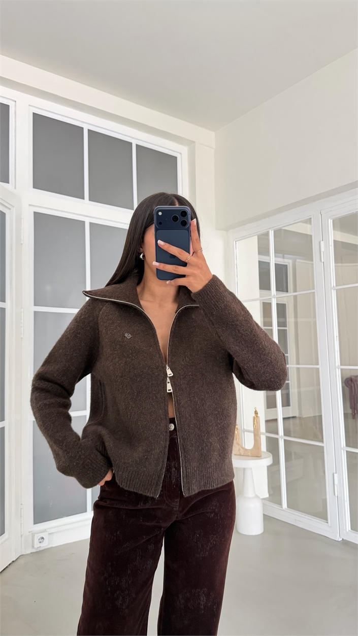 Kahve Yumuşak Dokulu Çift Fermuarlı Triko Hırka GAUS-02167
