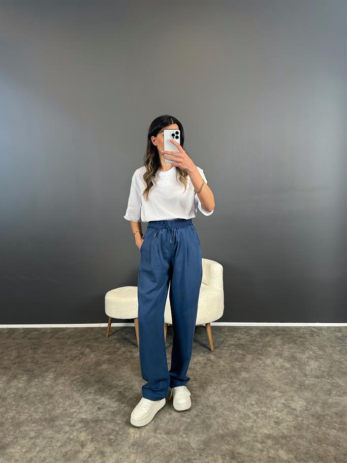 Lul İndigo Mavi Beli Lastikli İp Kemerli Tensel Pantolon 