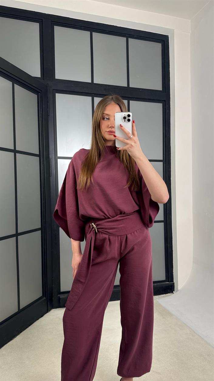 Mürdüm Gold Toka Detaylı Bluz Şalvar Pantolon İkli Tasarım Takım GAUS-01271