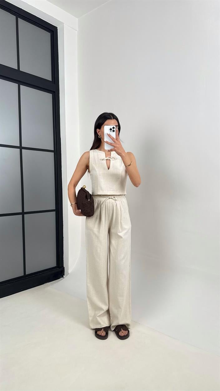 Taş Yaka Bağlama Detaylı Üst Beli Lastikli Cepli Pantolon ZR Muadil Keten Takım Gaus00398