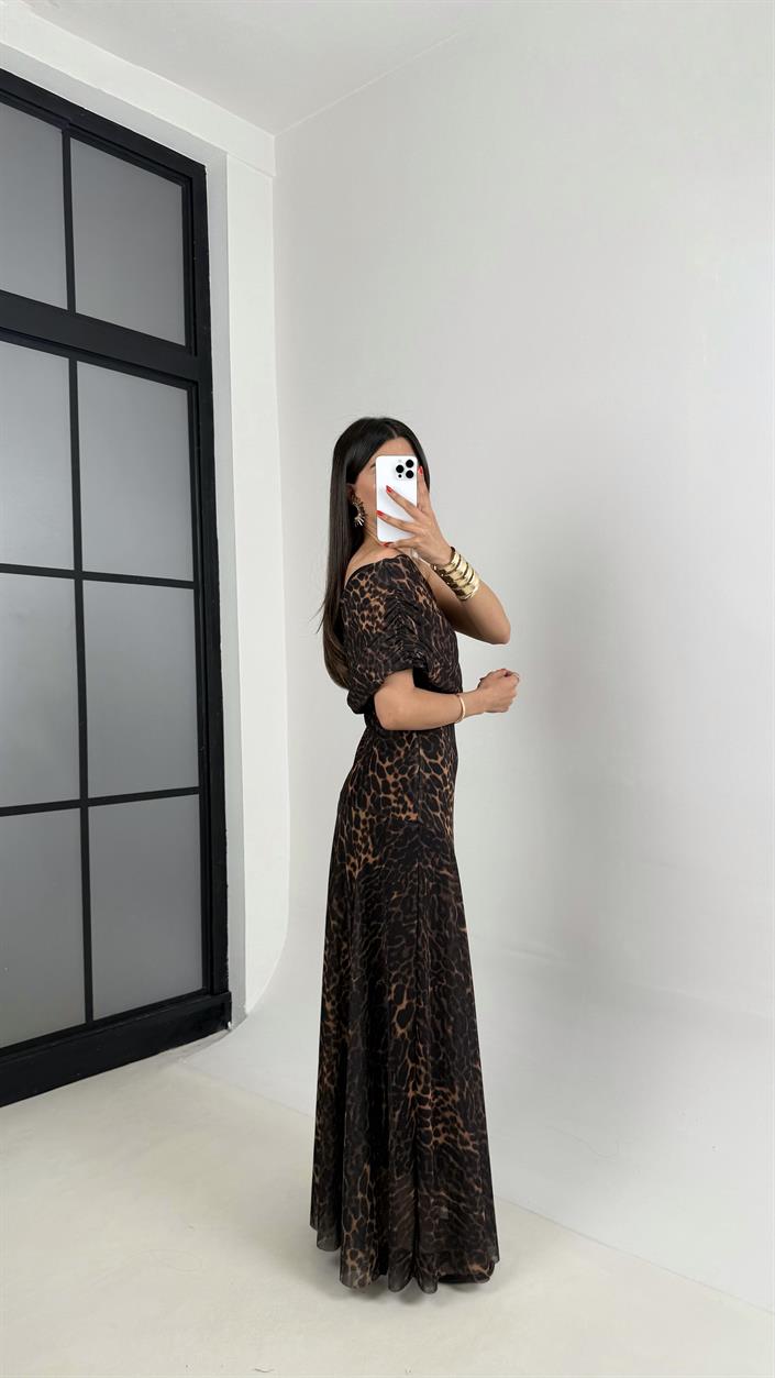 Leopar Desenli Tek Omuz  Astarlı Tasarım Şifon Elbise Gaus00496