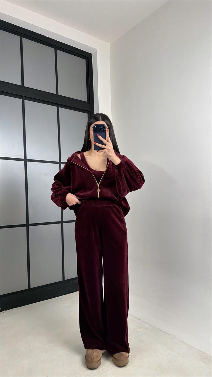 Mürdüm Kapüşonlu Hırka Crop Beli Lastikli Pantolon 3lü Kadife Takım GAUS-00875