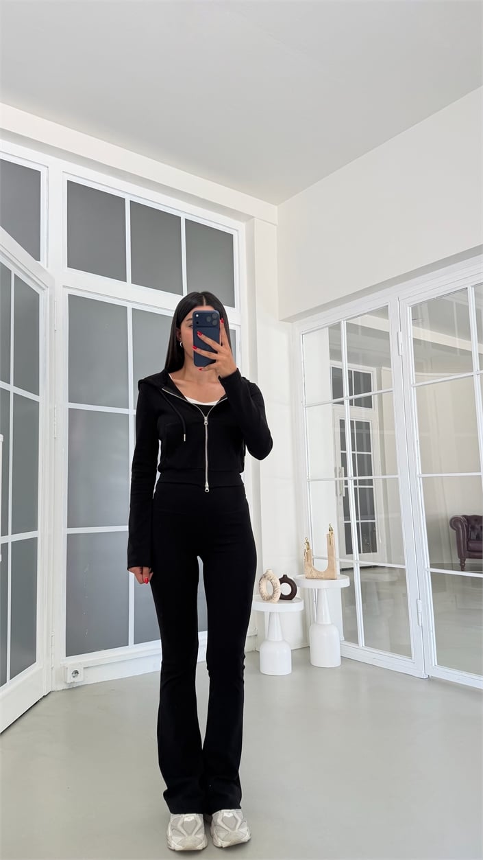 Siyah Hırka Crop Beli Lastikli Pantolon 3lü Basic Takım GAUS-01889