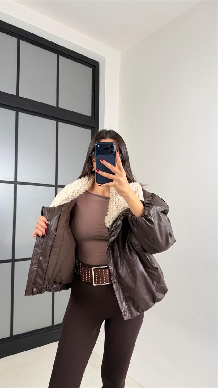 Acı Kahve Kürk Yakalı Astarlı ZR Model Deri Mont GAUS-00698