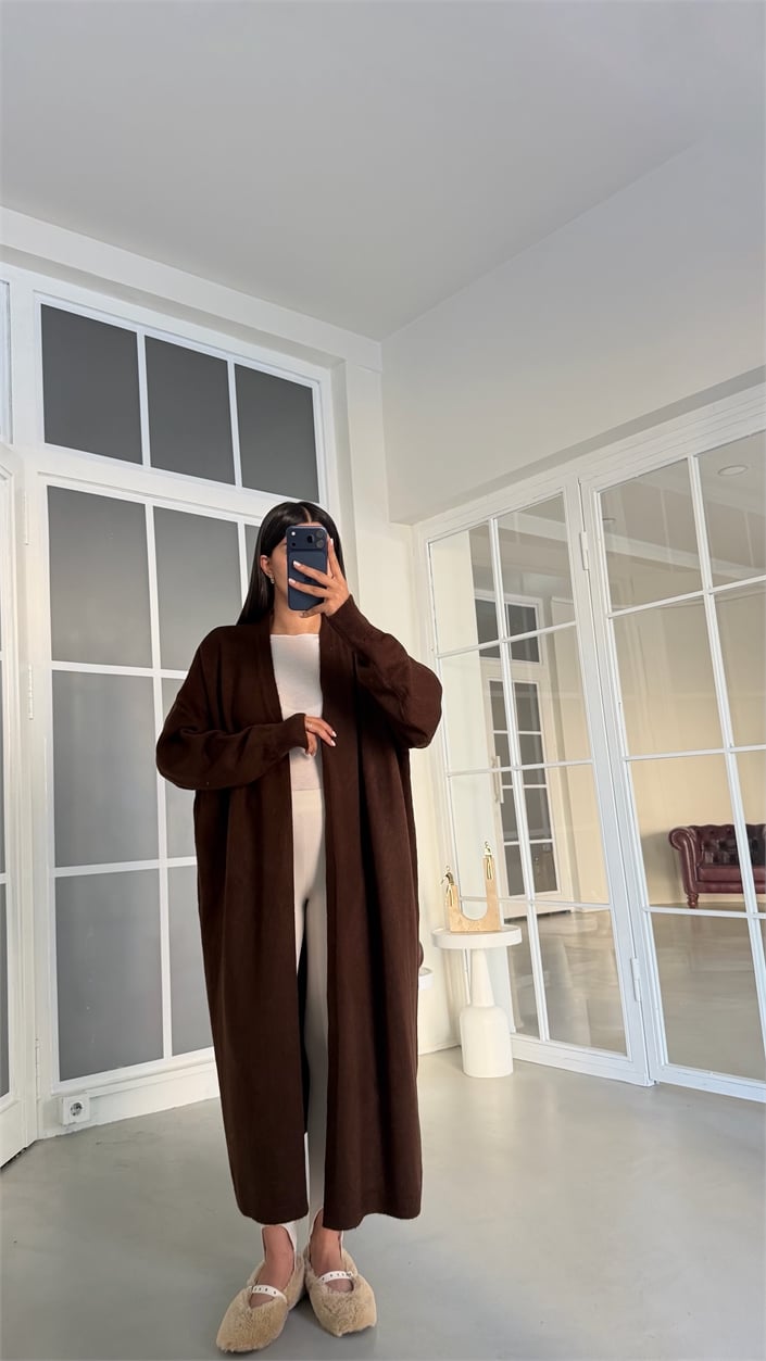 Kahve Uzun Premium Triko Hırka GAUS-02125