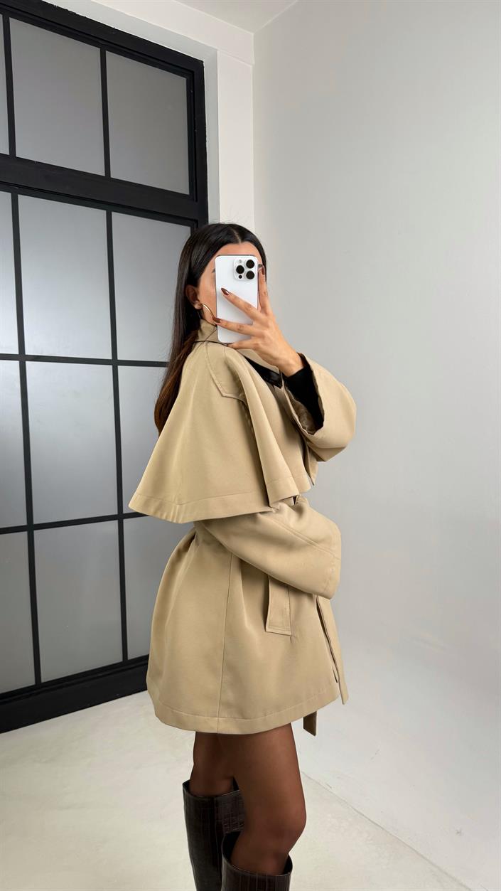 Camel Yaka Deri Detaylı Tasarım Pelerin Trençkot GAUS-00484
