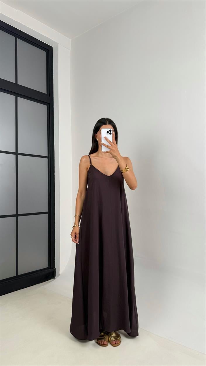 Kahve Ayarlanabilir Askılı Astarlı Tencel Elbise Gaus00690