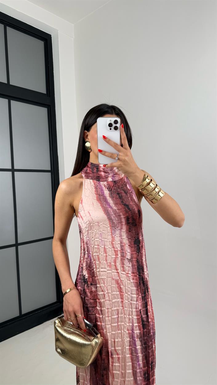Pembe Renkli Astarlı Kırışık Elbise Gaus00313