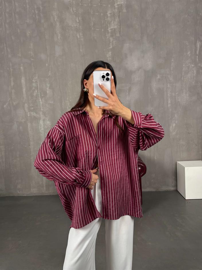 Bordo Çizgili Oversize Gömlek Gaus0004