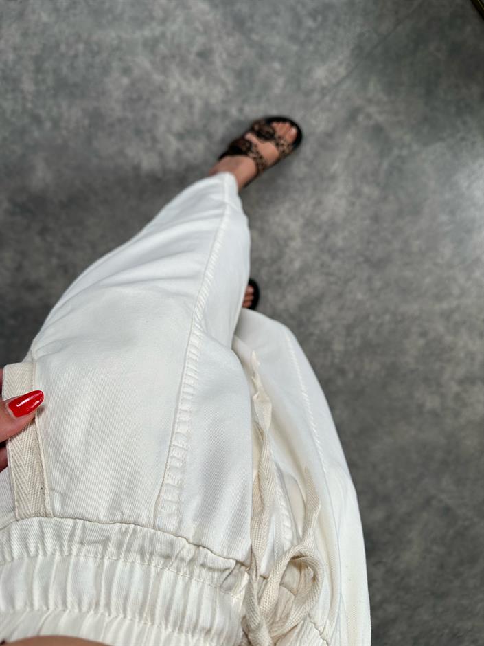 Rian Ekru Beli Lastikli Cepli Gabardin Pantolon