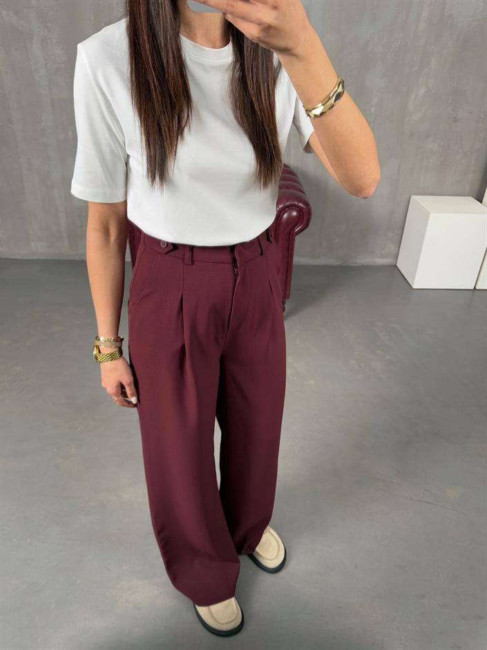 Layra Bordo Yandan Düğme Detaylı Kumaş Pantolon