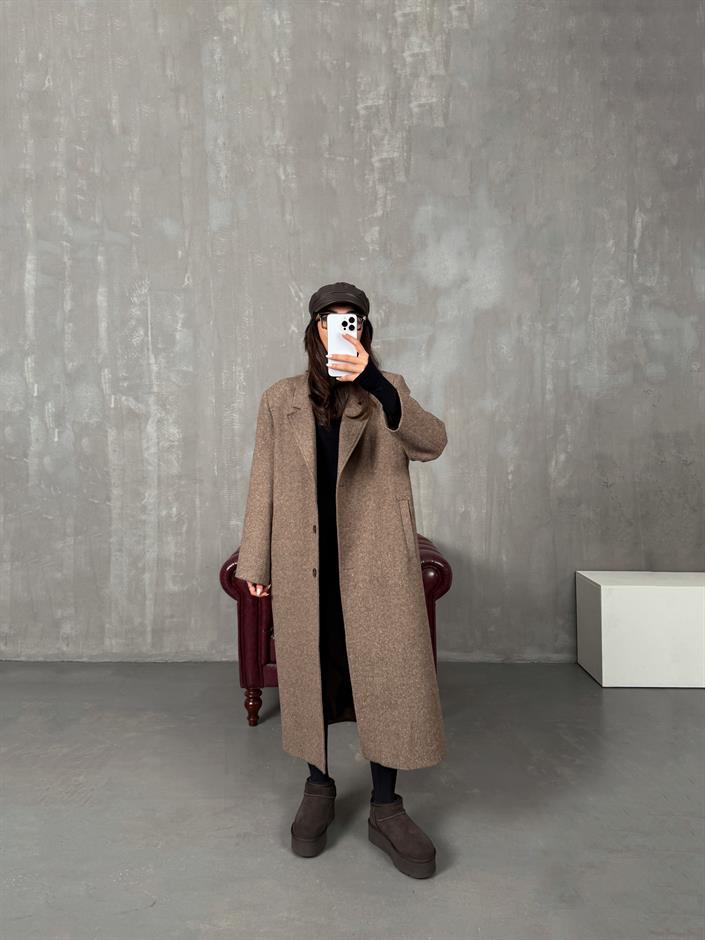 Nerisa Kahve Düğmeli Astarlı Premium Kaban