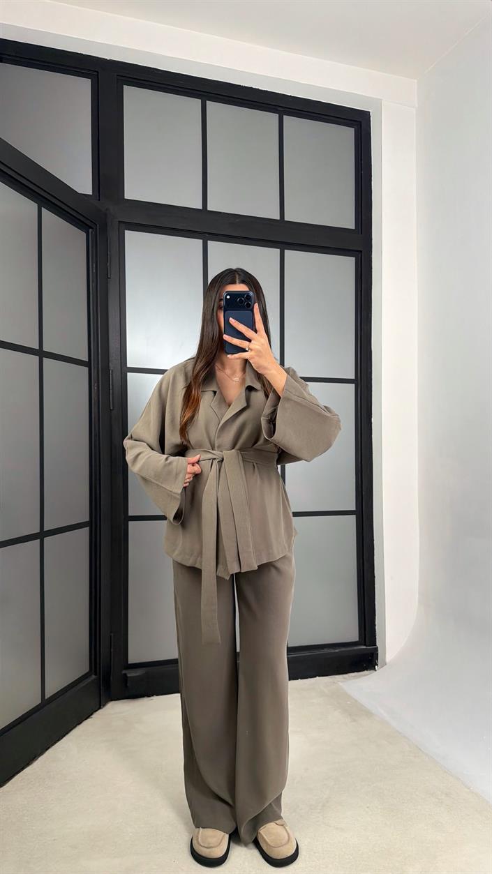 Haki Kuşaklı Ceket Beli Lastikli Pantolon Tencel Takım GAUS-01128