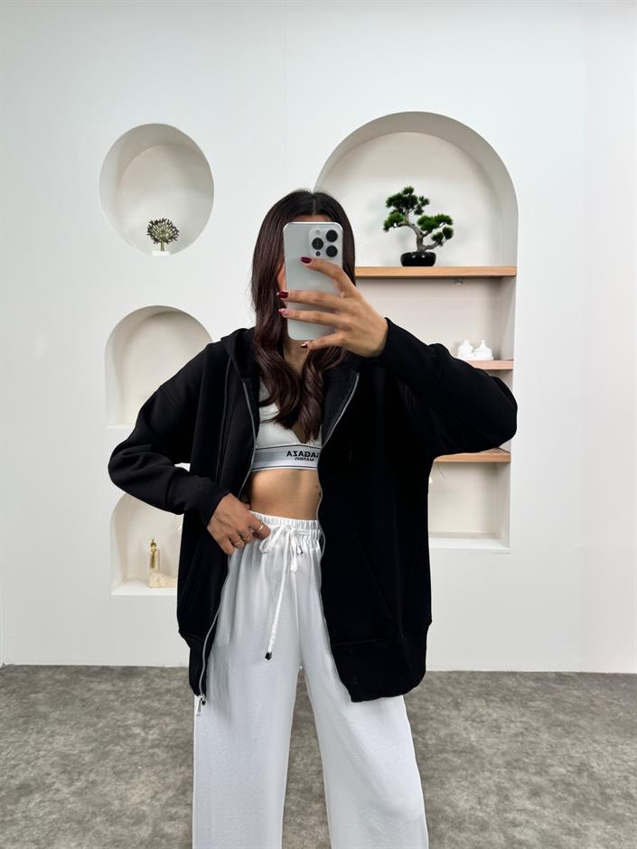 Khloe Siyah Üç İplik Şardonlu Kapüşonlu Fermuarlı Sweatshirt