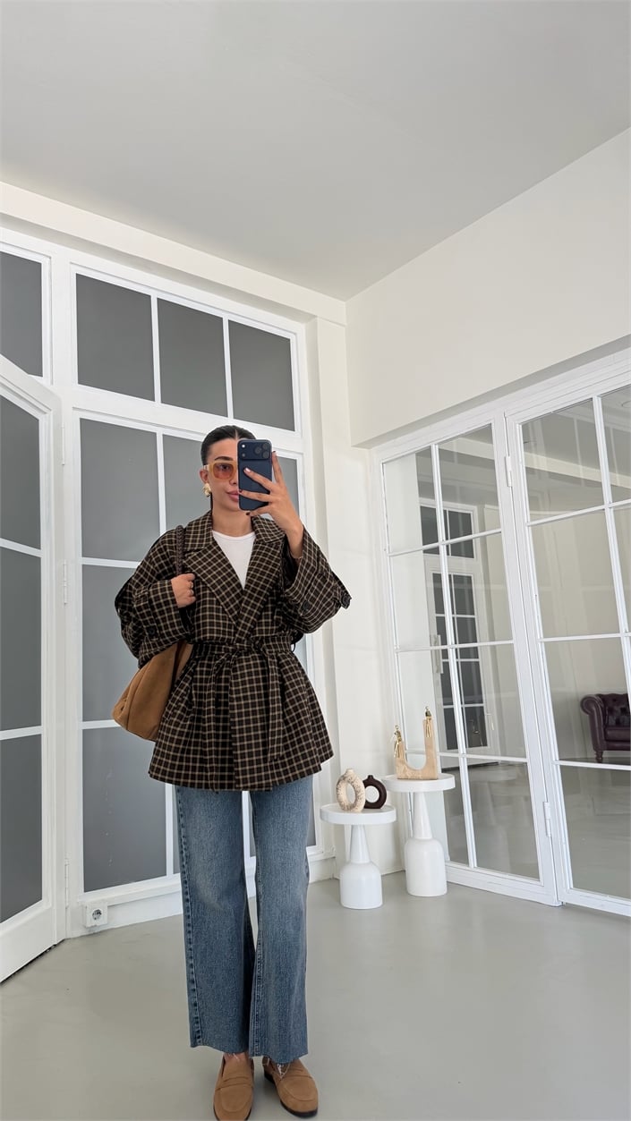 Kahve Astarlı Ekose Desenli Kuşaklı Premium Trençkot GAUS-01895