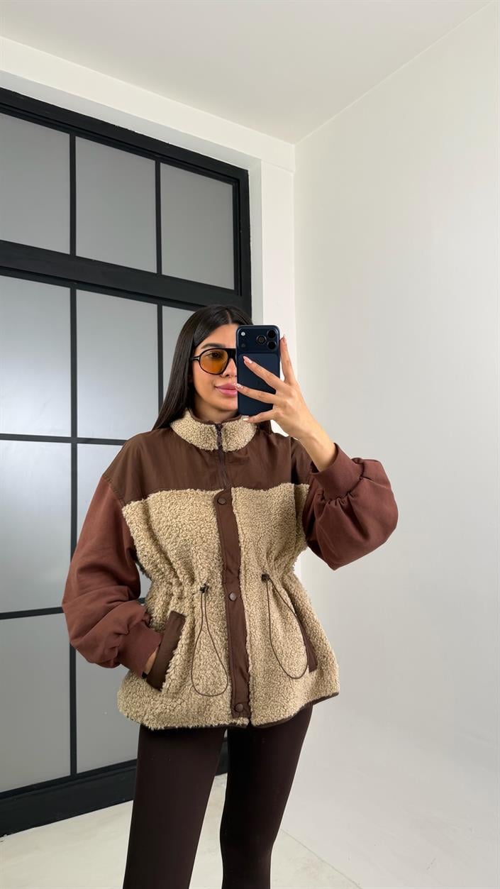 Kahve Beli Lastikli Muadil Peluş Ceket GAUS-00833
