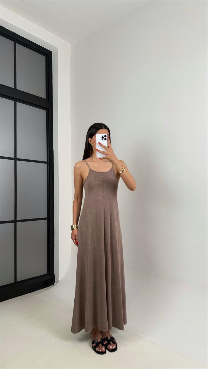 Kahve Yıkamalı Basic Ayarlanabilir Askılı Modal Kumaş Elbise Gaus00472