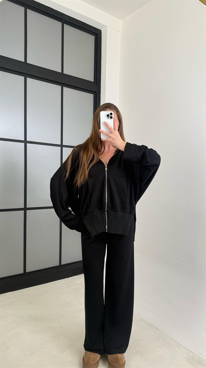 Siyah Ribanalı Kapüşonlu Hırka Beli Lastikli Pantolon Modal Takım GAUS-00697