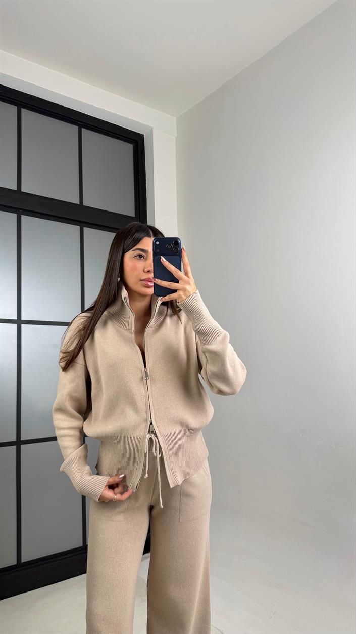 Bej Çift Fermuarlı Hırka Beli Lastikli Pantolon Triko Takım GAUS-01090
