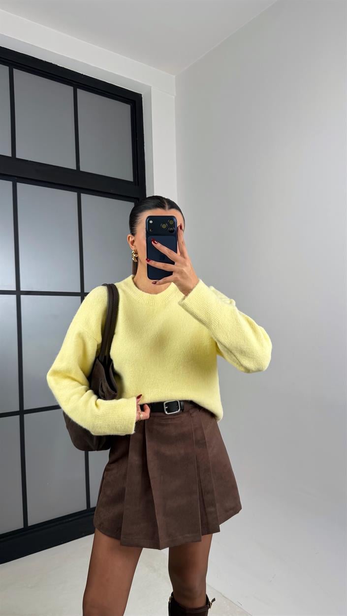 Kahve Pileli Kemerli Süet Şort Etek GAUS-00630