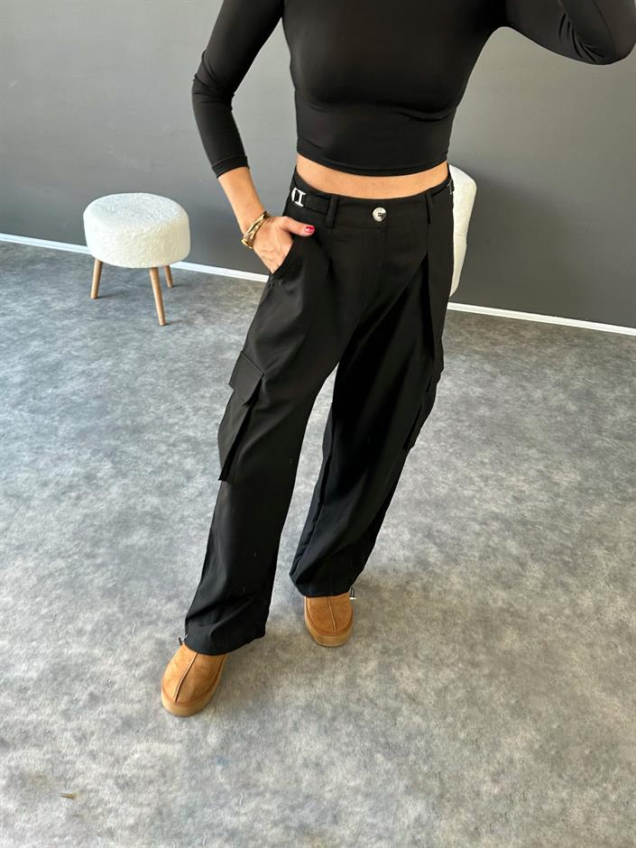 Roy Siyah Kargo Cepli Pensli Pantolon 