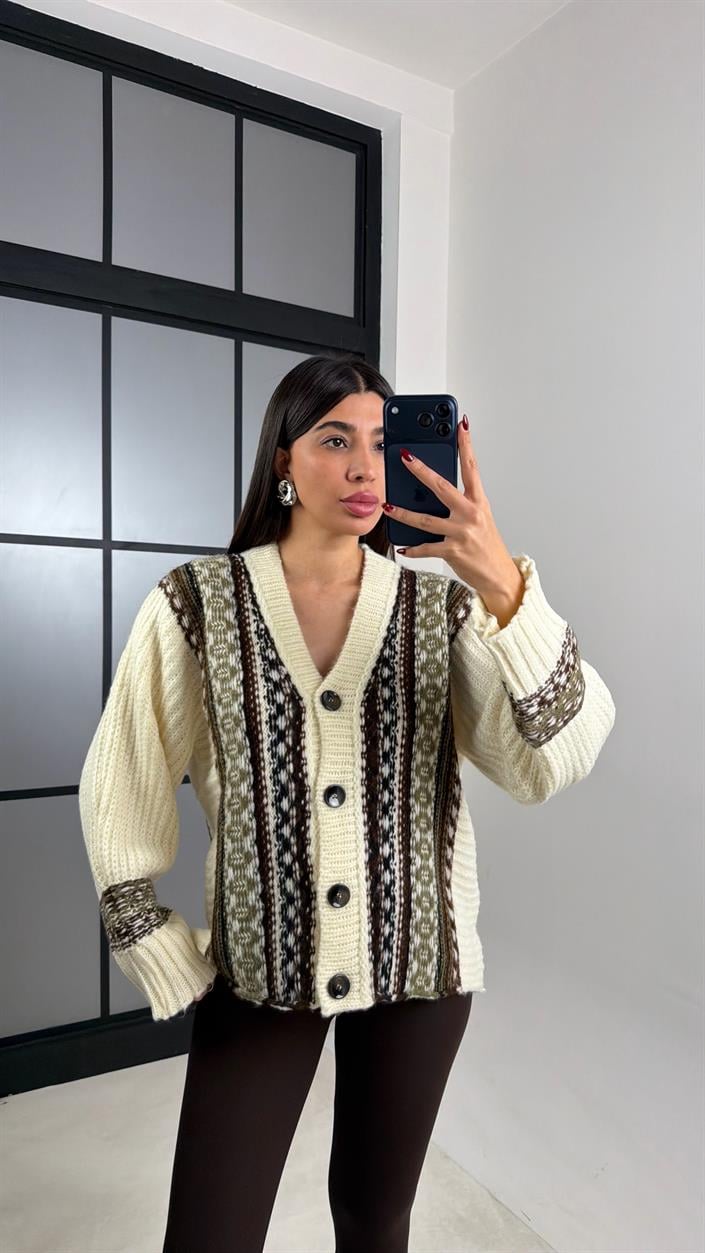 Ekru Örgü Desenli Triko Hırka GAUS-00690