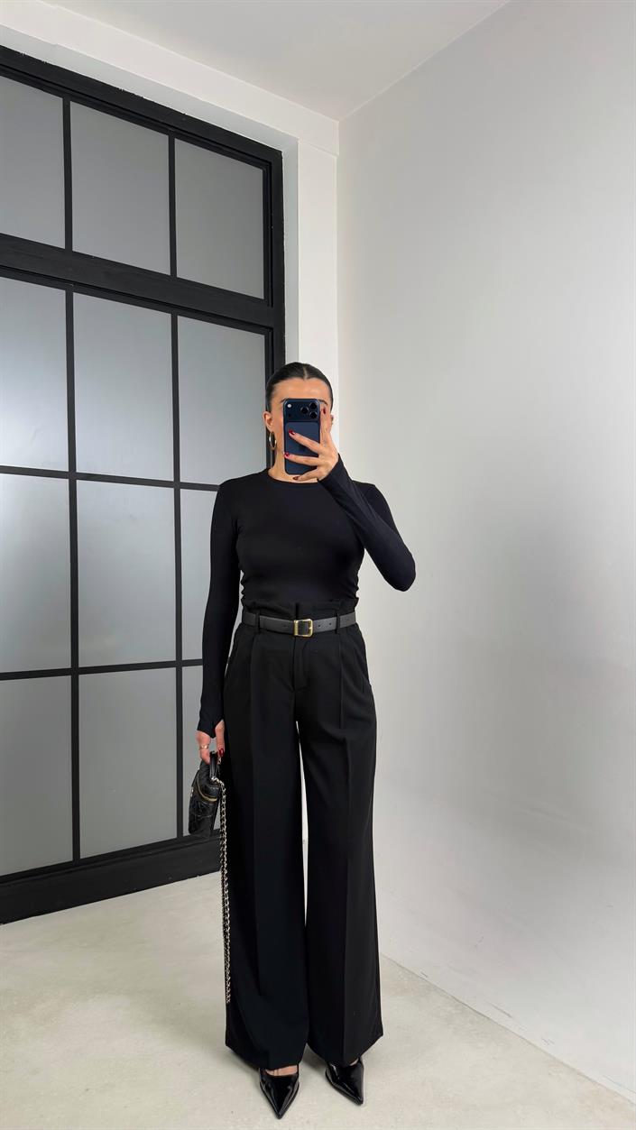 Siyah Pile Detaylı Kemerli Kumaş Pantolon GAUS-00695