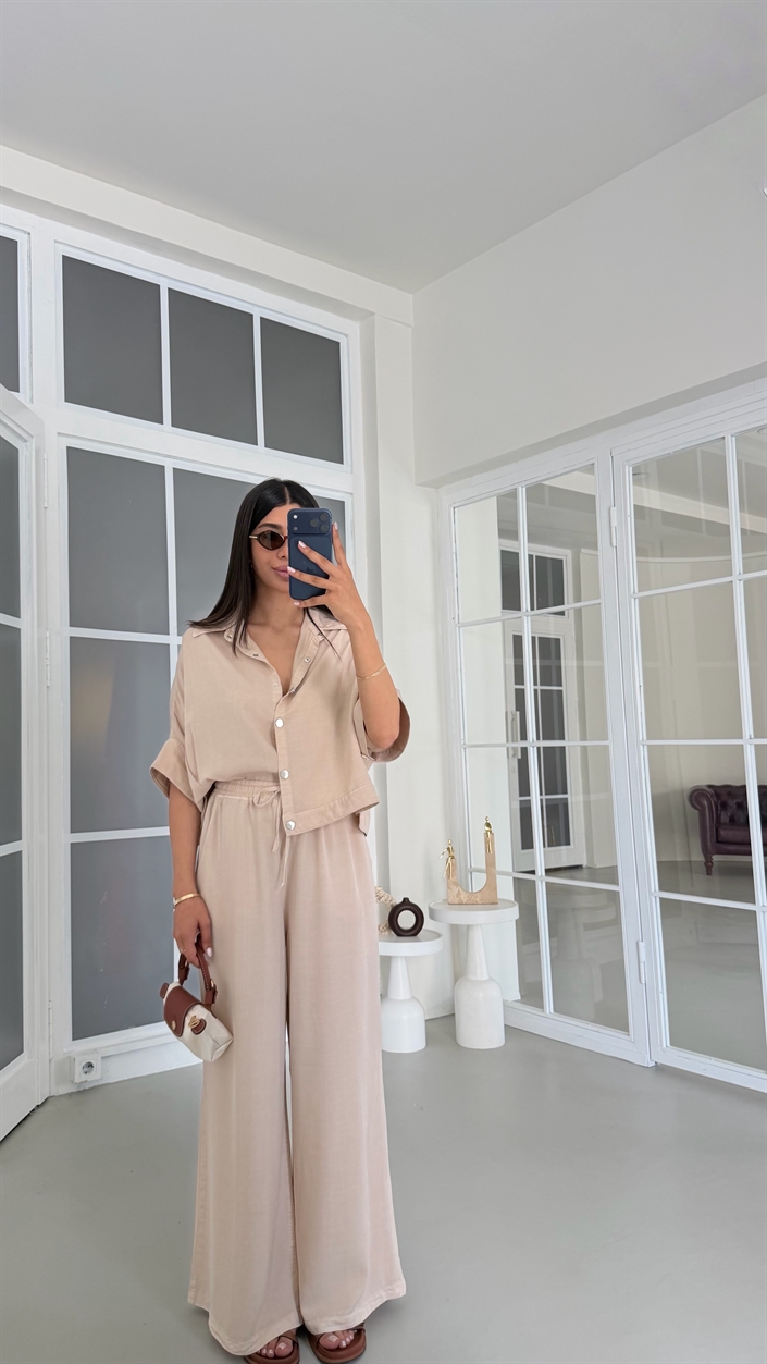 Taş Yarasa Kol Gömlek Beli Lastikli Pantolon Tencel Denim Takım GAUS-01785