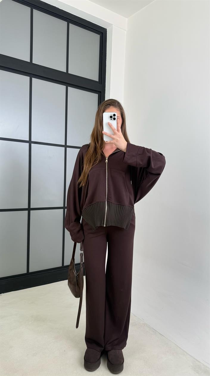 Acı Kahve Ribanalı Kapüşonlu Hırka Beli Lastikli Pantolon Modal Takım GAUS-00697