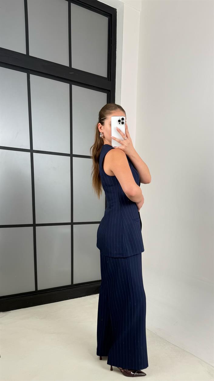Lacivert Çizgili Yelek Pantolon Kumaş Takım GAUS-00495